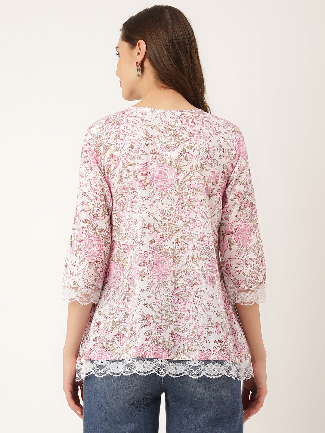 Women's Pink Floral Print Cotton Peplum Top with Pintuck Detailing - Taantav