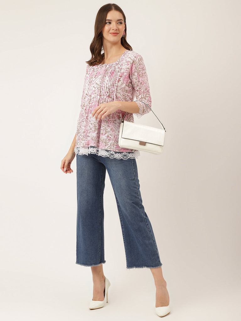 Women's Pink Floral Print Cotton Peplum Top with Pintuck Detailing
