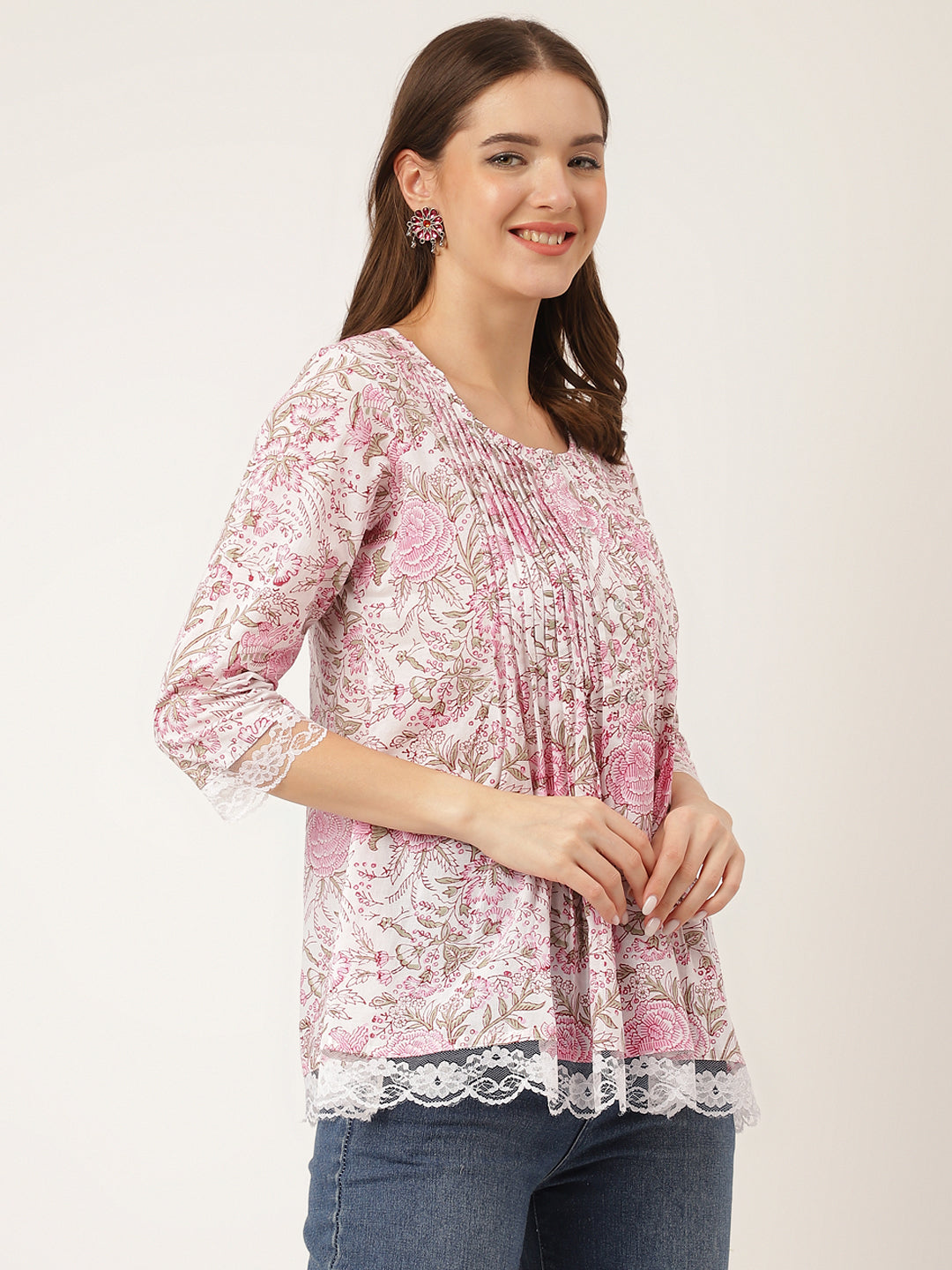 Women's Pink Floral Print Cotton Peplum Top with Pintuck Detailing - Taantav