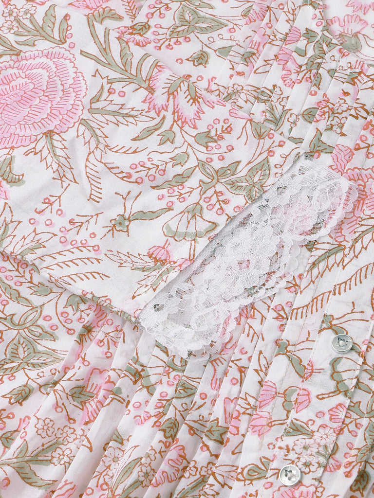Women's Pink Floral Print Cotton Peplum Top with Pintuck Detailing