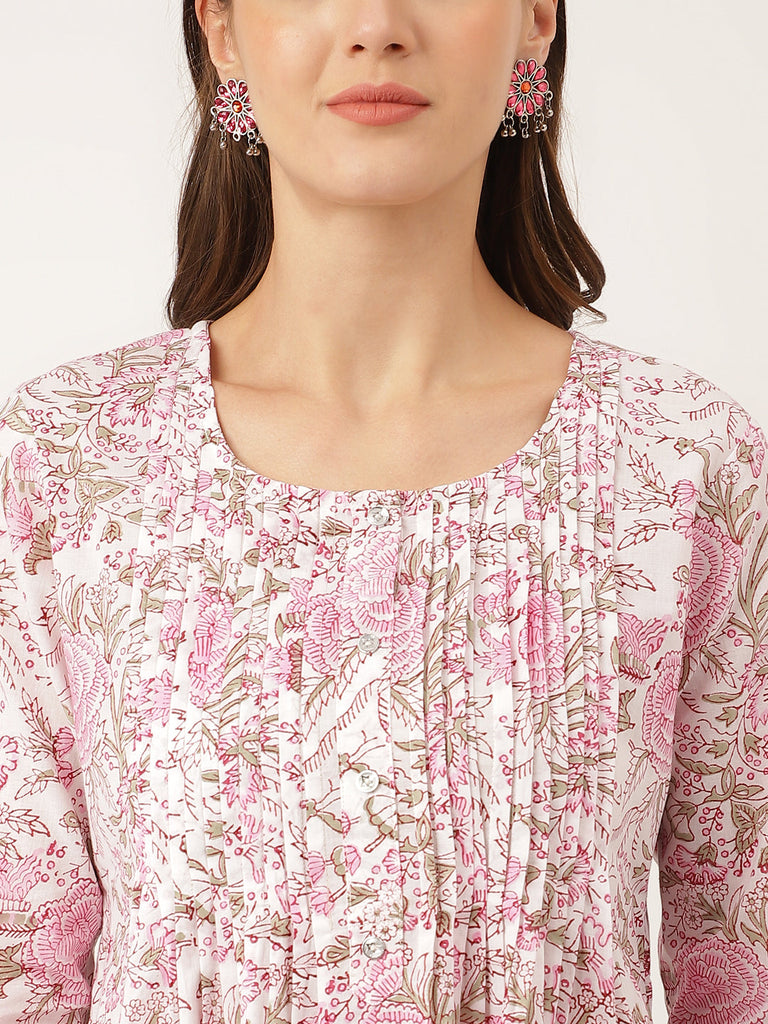 Women's Pink Floral Print Cotton Peplum Top with Pintuck Detailing