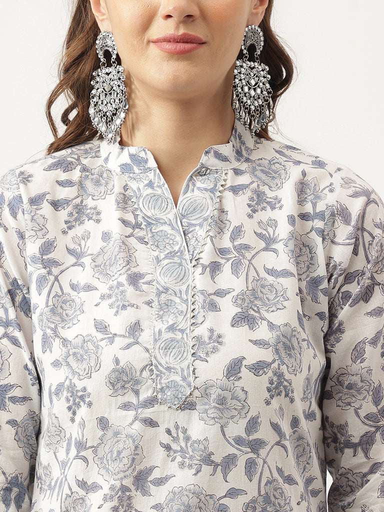 Women's Sky Blue Floral Printed Cotton Straight Kurta, trousers with Dupatta Set