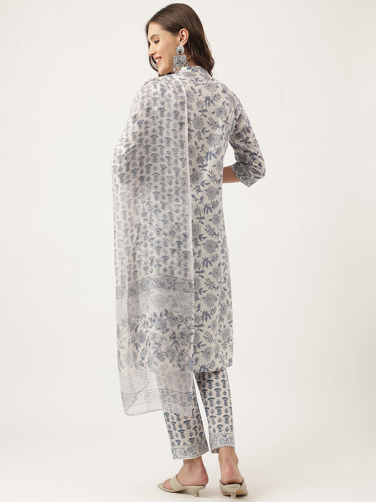 Women's Sky Blue Floral Printed Cotton Straight Kurta, trousers with Dupatta Set