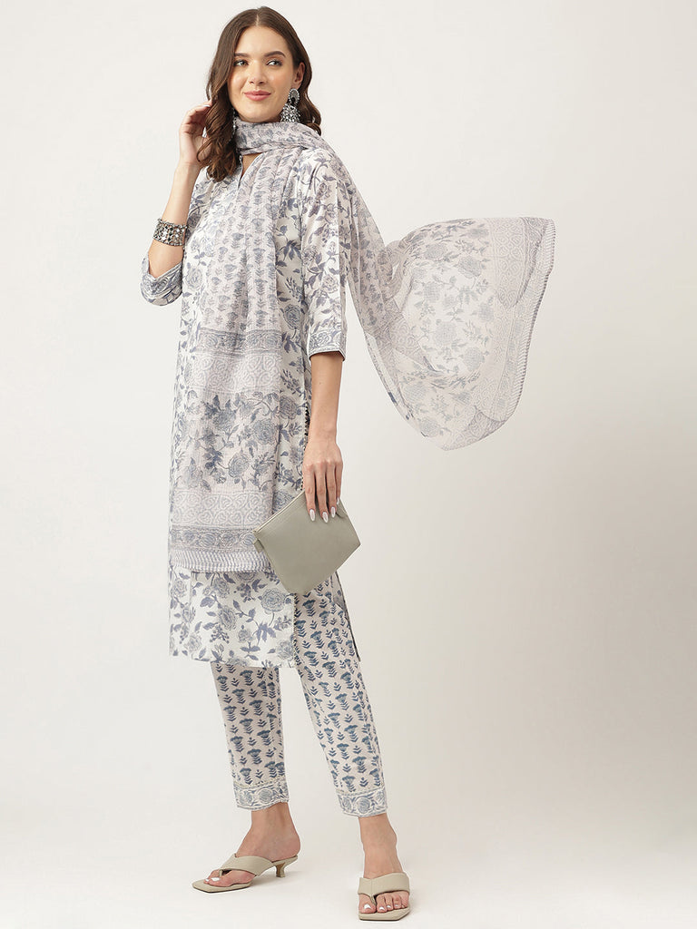 Women's Sky Blue Floral Printed Cotton Straight Kurta, trousers with Dupatta Set