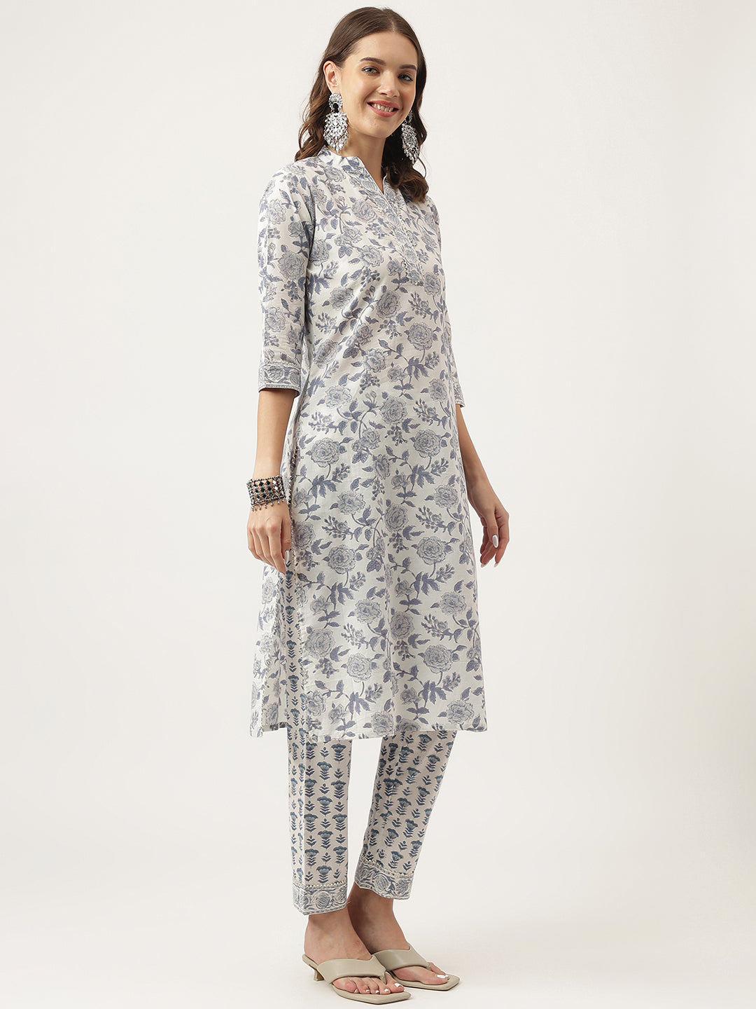 Women's Sky Blue Floral Printed Cotton Straight Kurta, trousers with Dupatta Set - Taantav