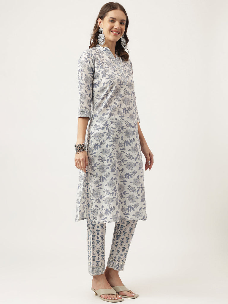 Women's Sky Blue Floral Printed Cotton Straight Kurta, trousers with Dupatta Set