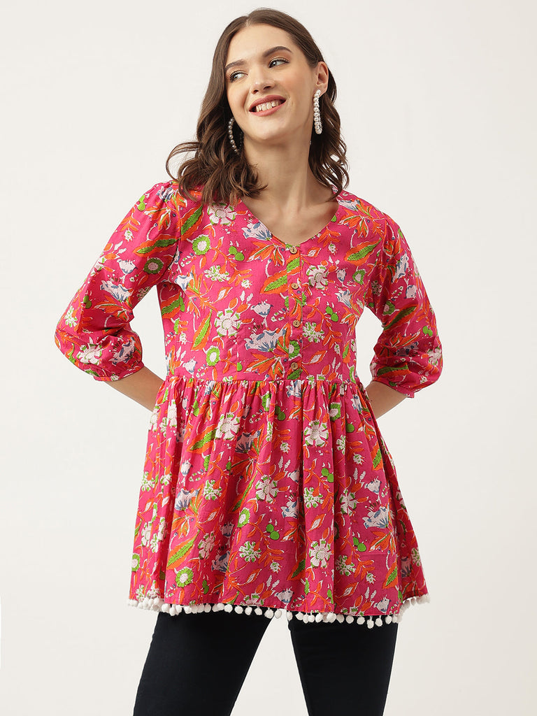 Women's Pink Floral Printed Cotton Peplum Fit Top