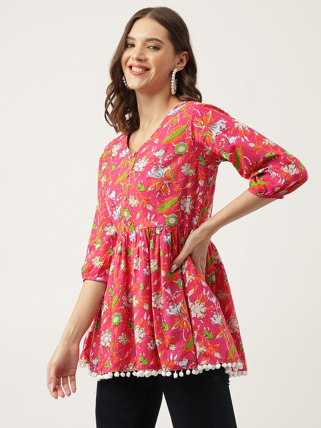 Women's Pink Floral Printed Cotton Peplum Fit Top - Taantav