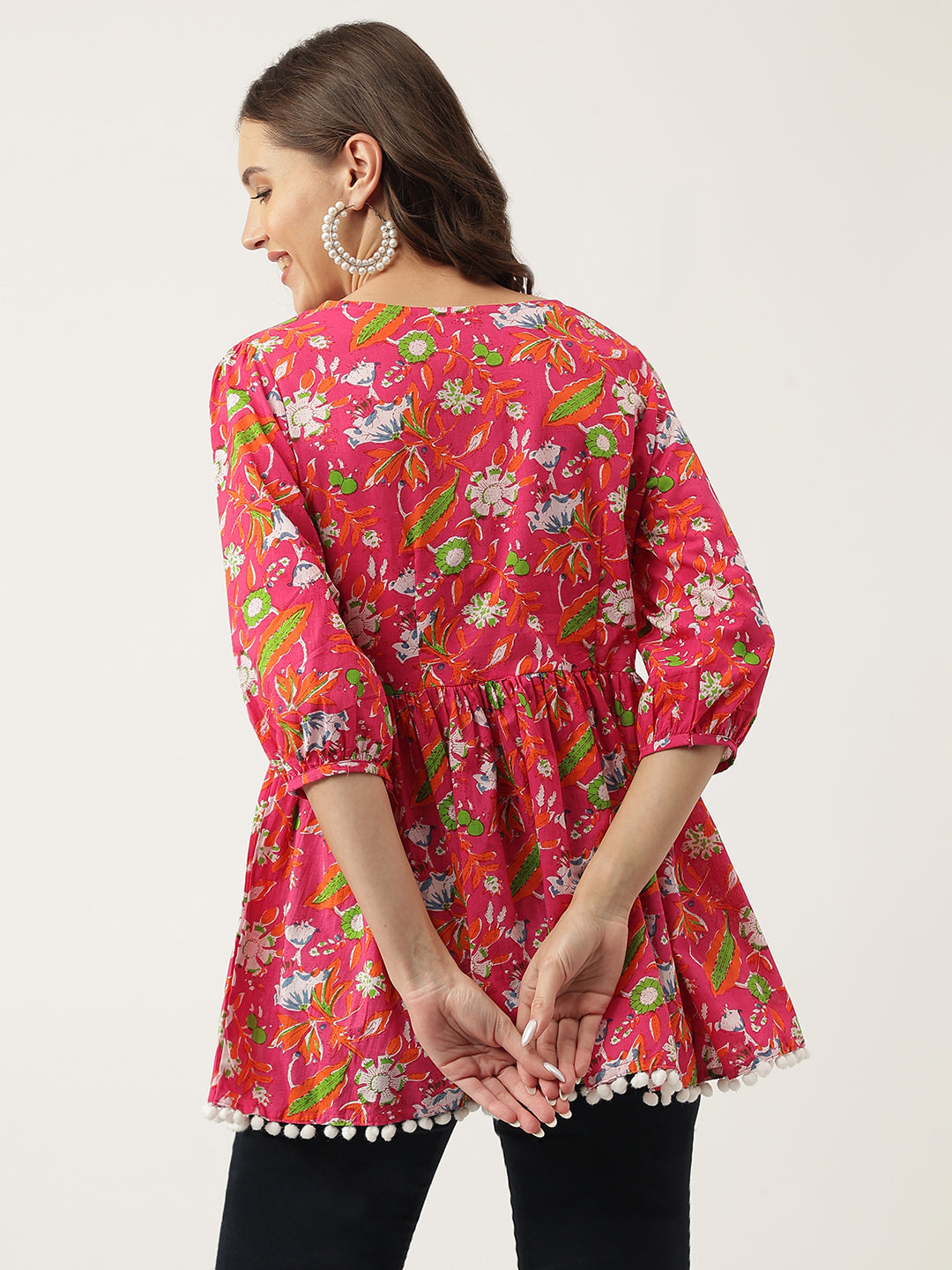 Women's Pink Floral Printed Cotton Peplum Fit Top - Taantav