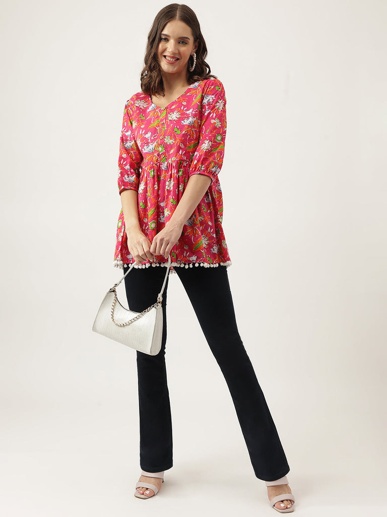 Women's Pink Floral Printed Cotton Peplum Fit Top
