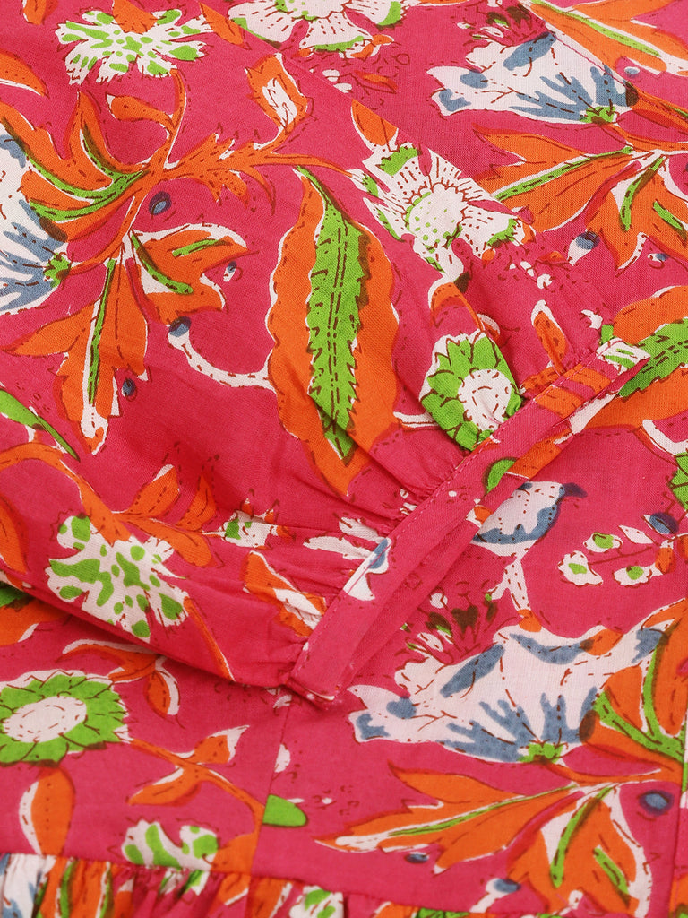 Women's Pink Floral Printed Cotton Peplum Fit Top