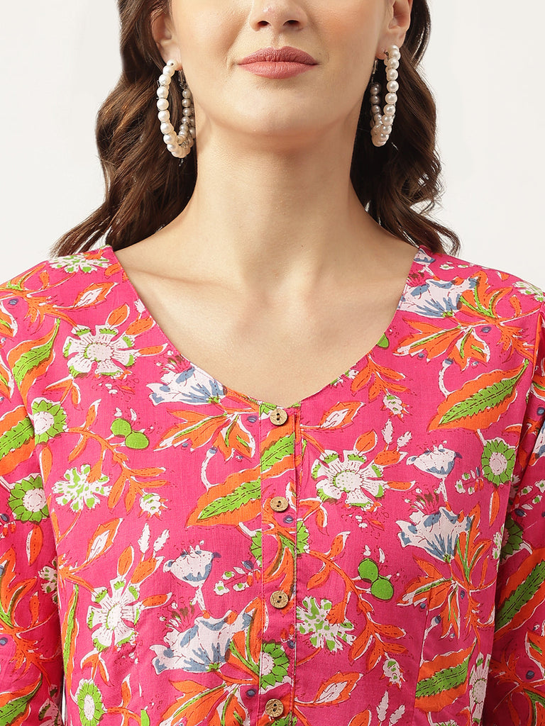 Women's Pink Floral Printed Cotton Peplum Fit Top