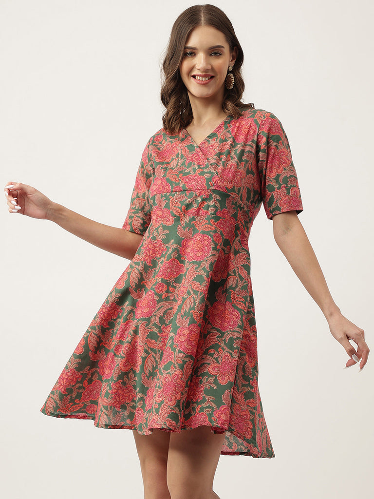 Women's Grey Pink Floral Printed Cotton Fit & Flare Dress