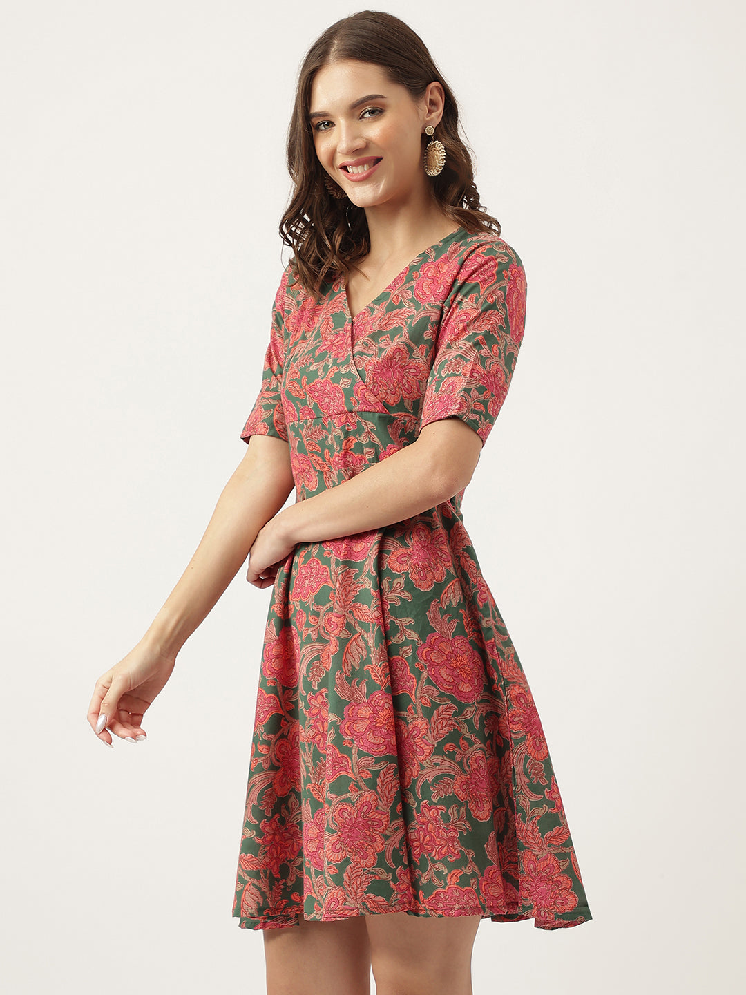 Women's Grey Pink Floral Printed Cotton Fit & Flare Dress - Taantav