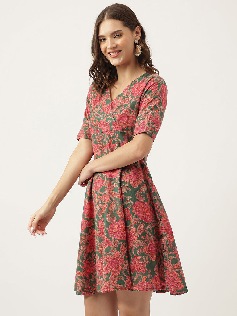 Women's Grey Pink Floral Printed Cotton Fit & Flare Dress