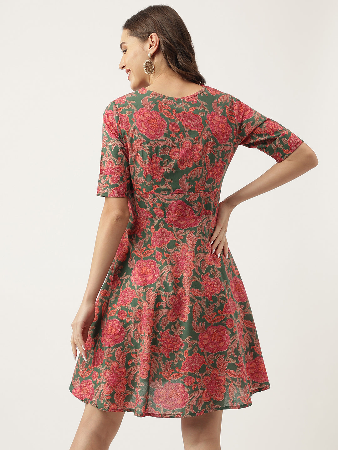 Women's Grey Pink Floral Printed Cotton Fit & Flare Dress - Taantav