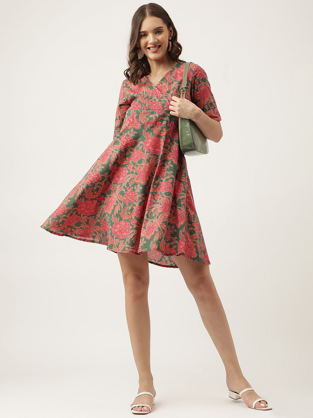 Women's Grey Pink Floral Printed Cotton Fit & Flare Dress - Taantav