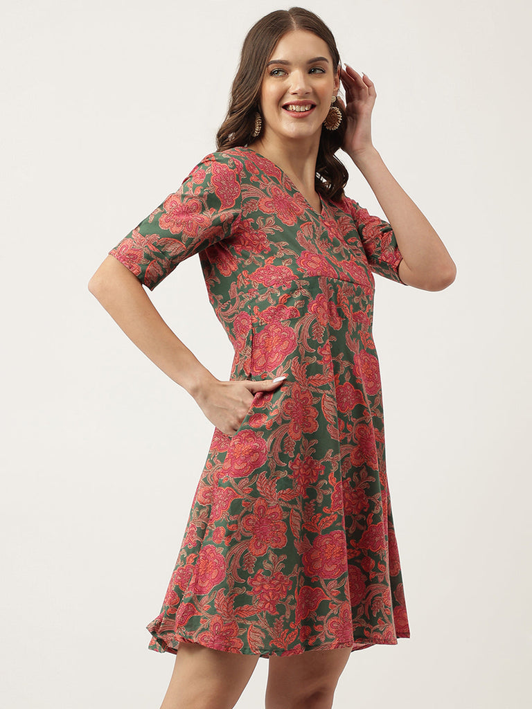 Women's Grey Pink Floral Printed Cotton Fit & Flare Dress