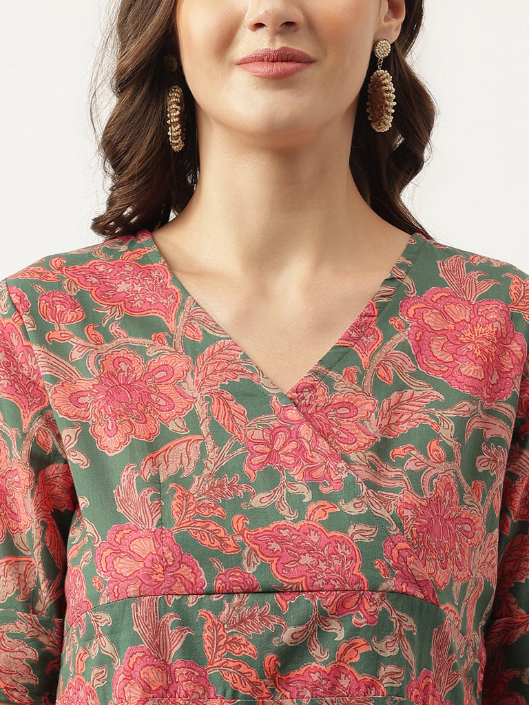 Women's Grey Pink Floral Printed Cotton Fit & Flare Dress