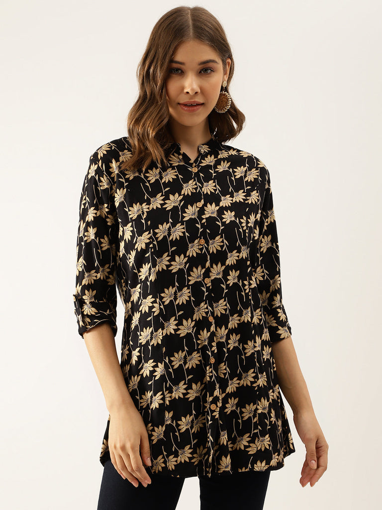 Women's Black Floral Printed Rayon Shirt type Top for Women