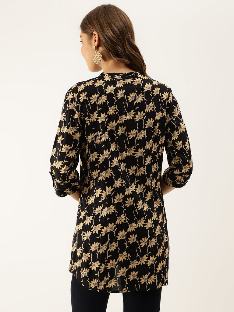 Women's Black Floral Printed Rayon Shirt type Top for Women