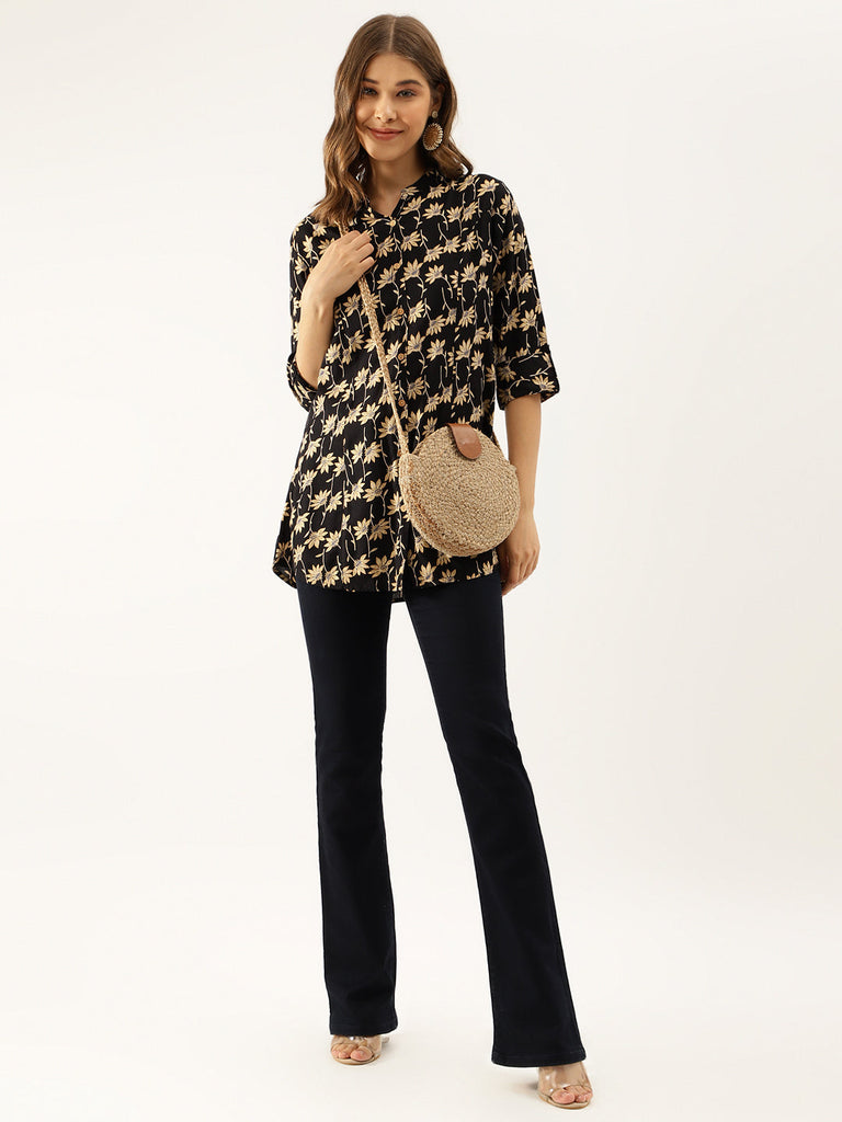 Women's Black Floral Printed Rayon Shirt type Top for Women