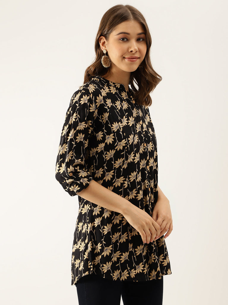 Women's Black Floral Printed Rayon Shirt type Top for Women