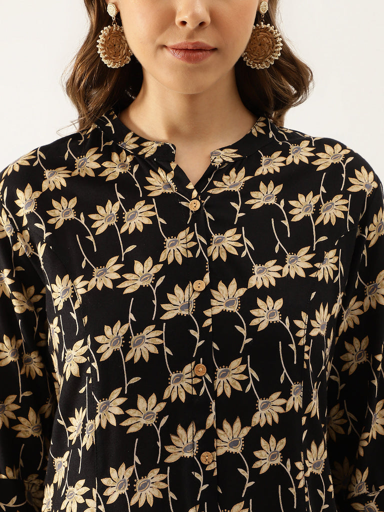 Women's Black Floral Printed Rayon Shirt type Top for Women