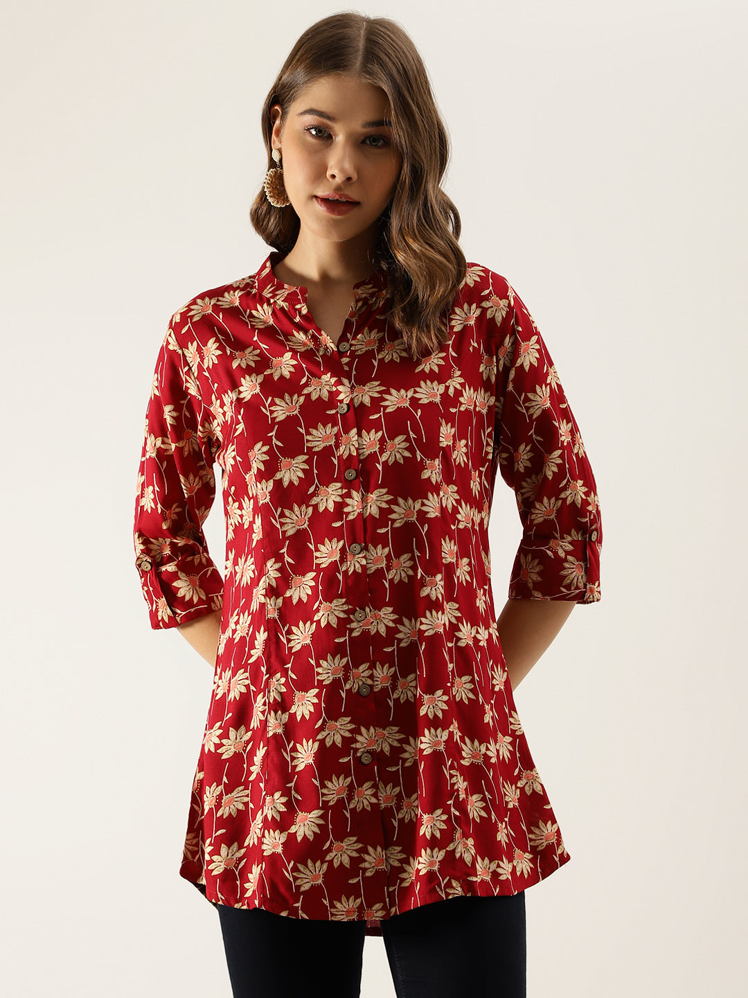 Women's Maroon Floral Printed Rayon Shirt type Top for Women