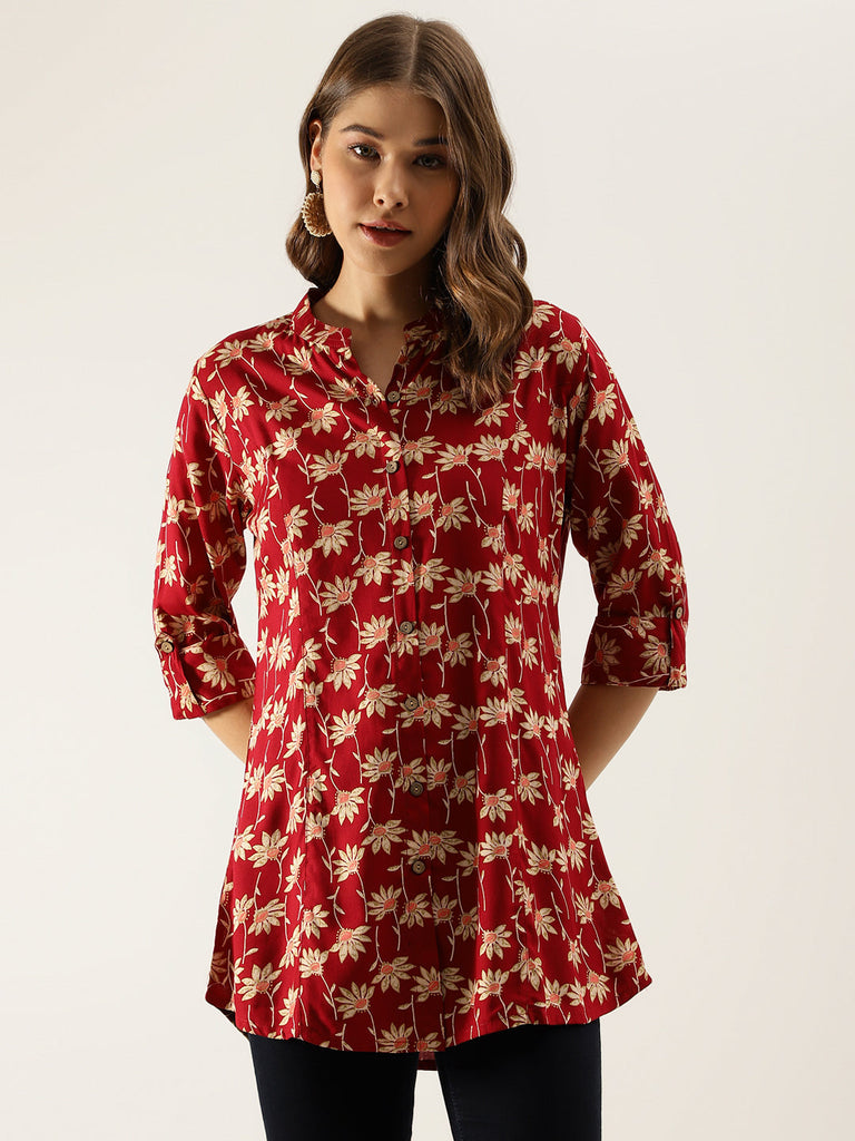 Women's Maroon Floral Printed Rayon Shirt type Top for Women