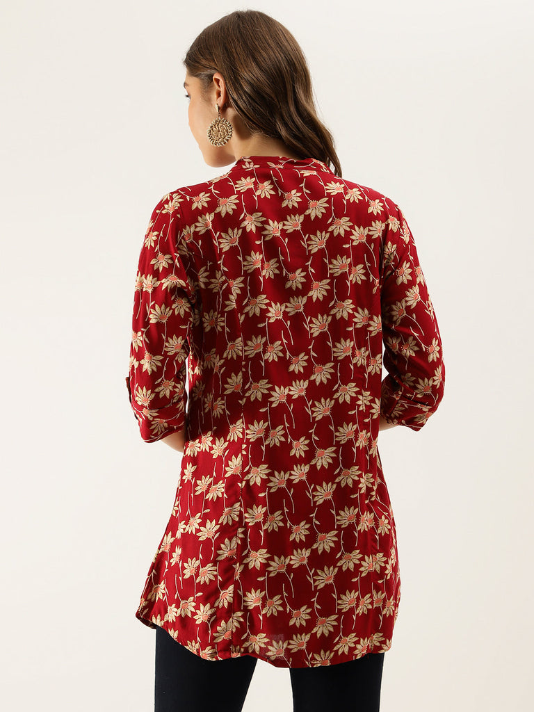 Women's Maroon Floral Printed Rayon Shirt type Top for Women