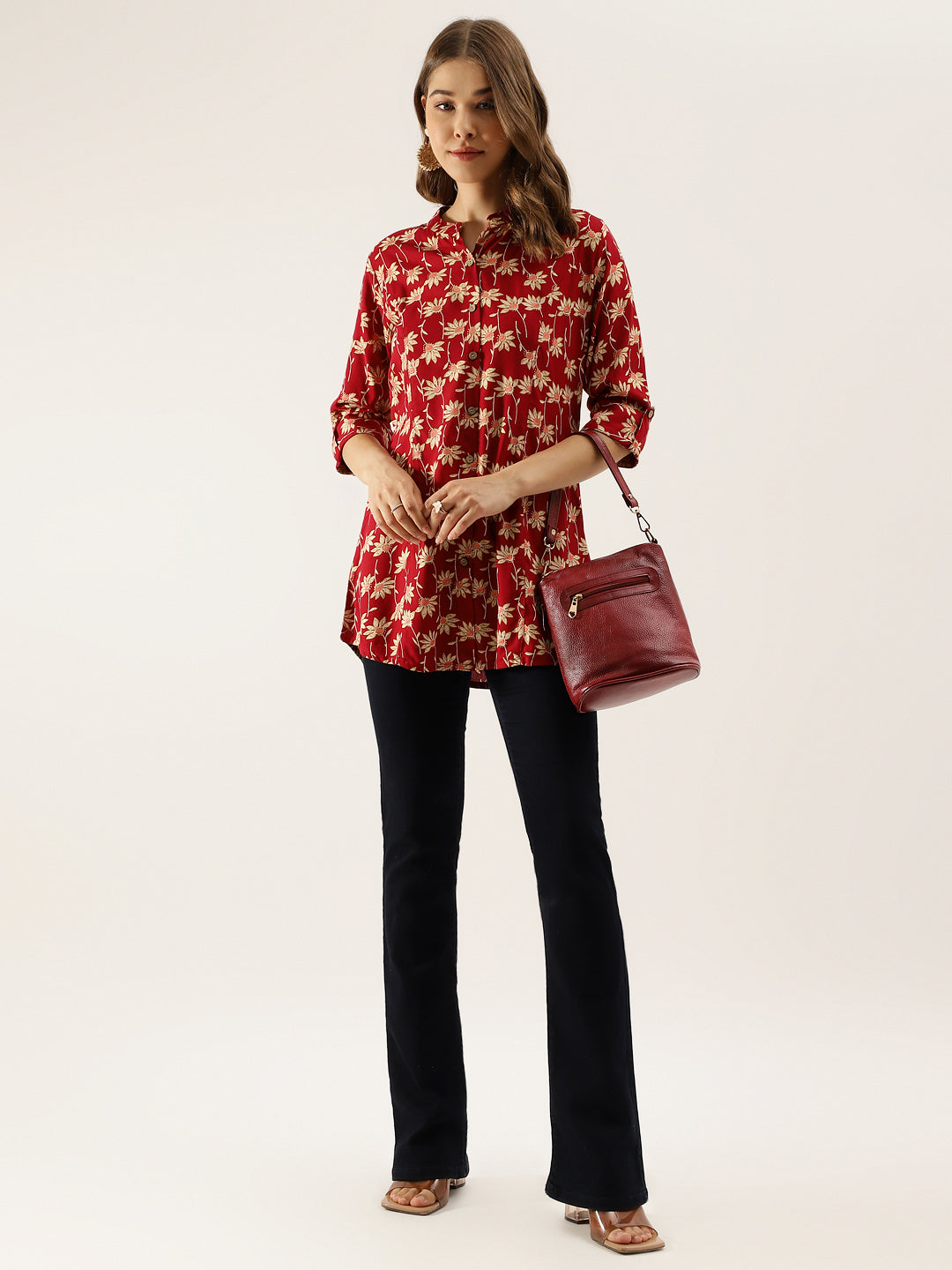 Women's Maroon Floral Printed Rayon Shirt type Top for Women - Taantav