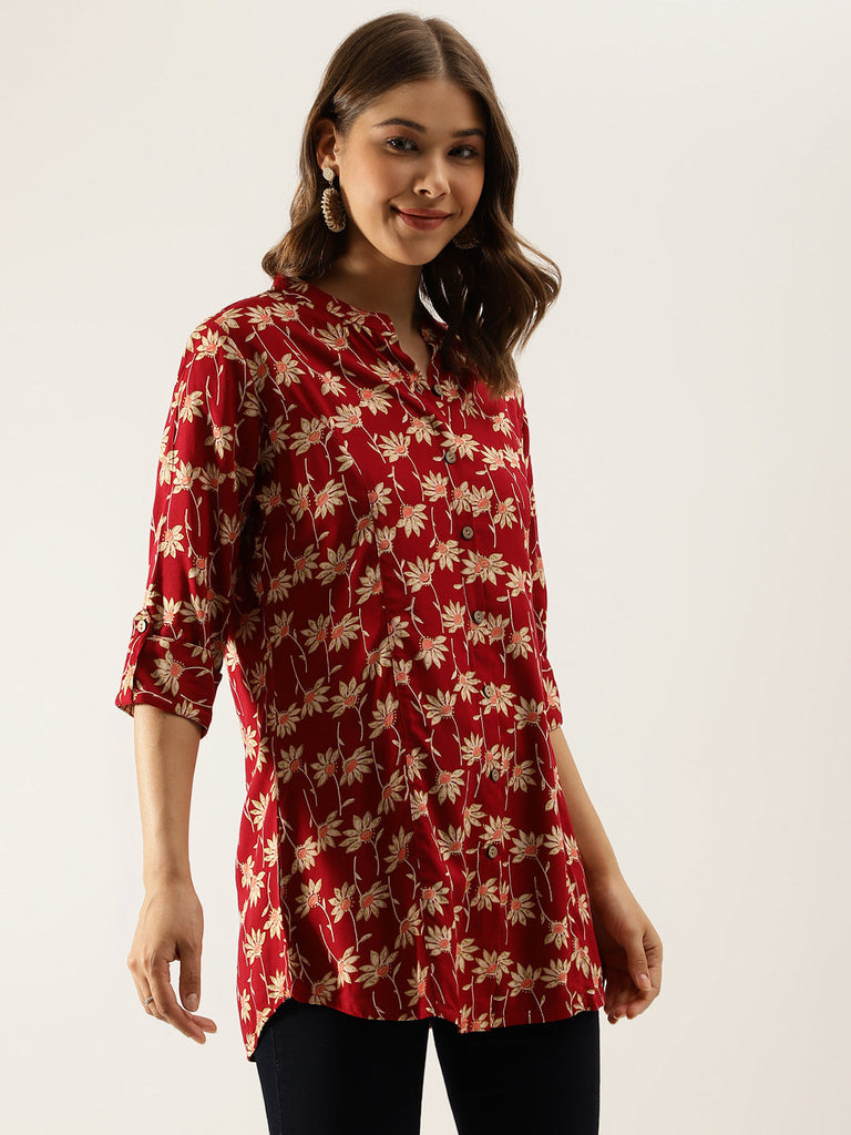 Women's Maroon Floral Printed Rayon Shirt type Top for Women