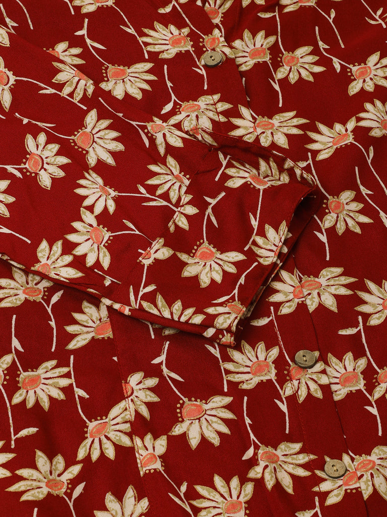 Women's Maroon Floral Printed Rayon Shirt type Top for Women