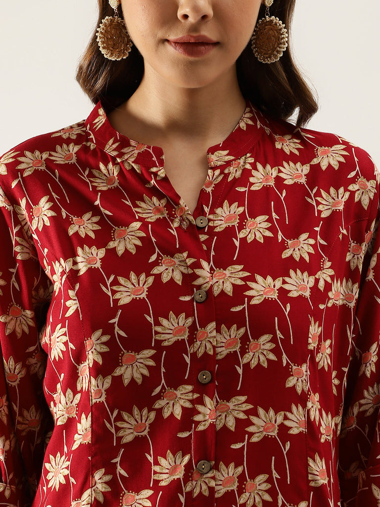 Women's Maroon Floral Printed Rayon Shirt type Top for Women