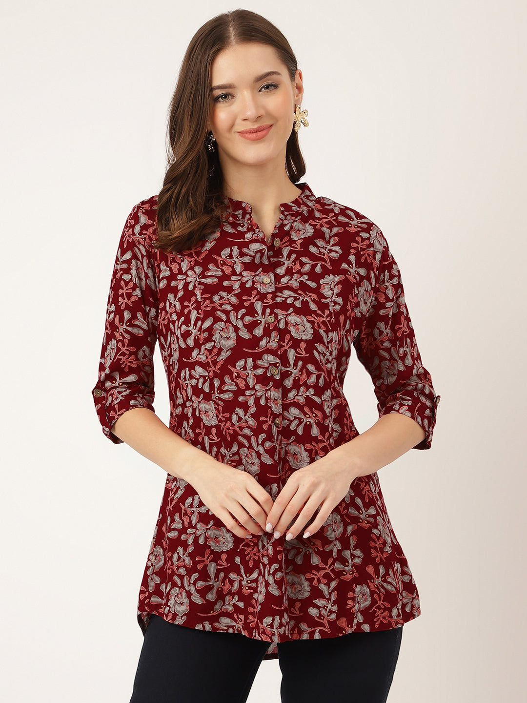 Women's Maroon Floral Print Rayon Regular Top - Taantav