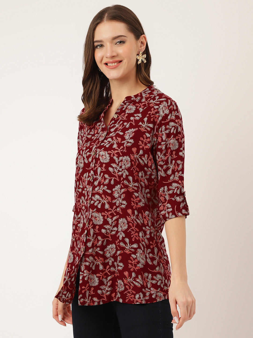 Women's Maroon Floral Print Rayon Regular Top - Taantav