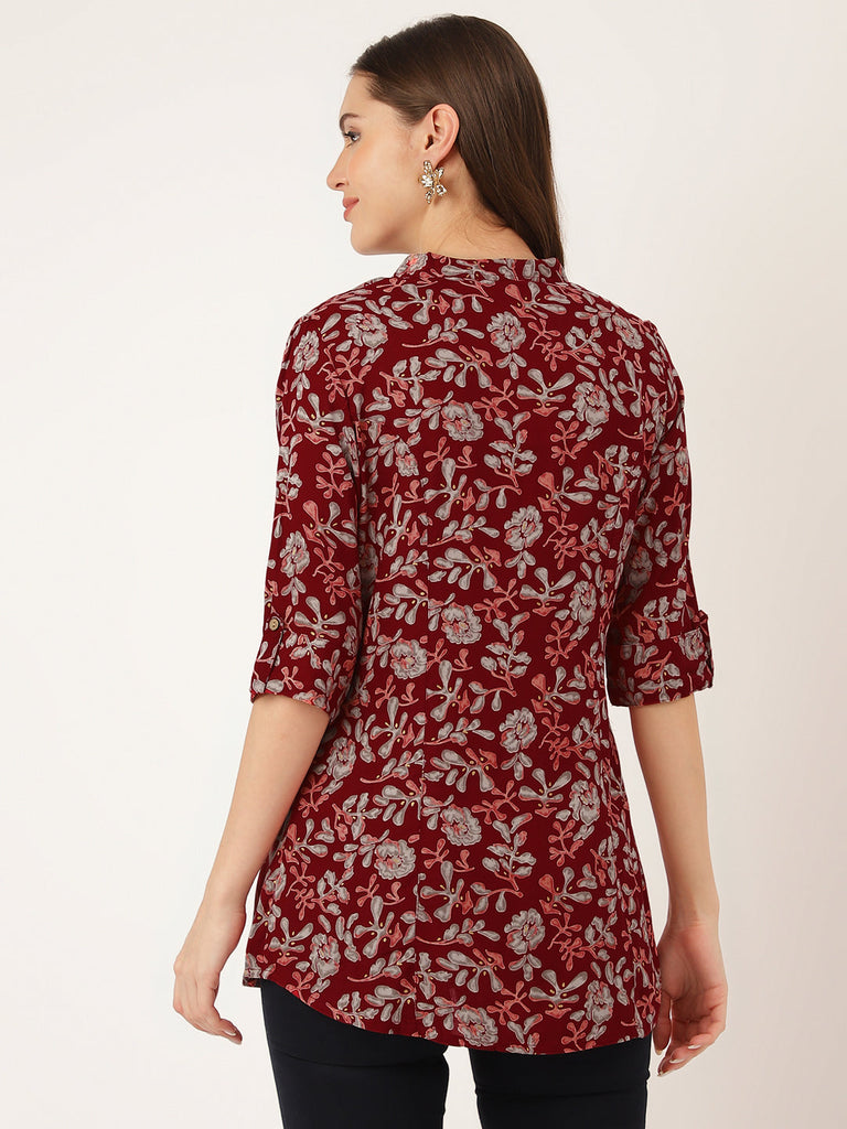 Women's Maroon Floral Print Rayon Regular Top