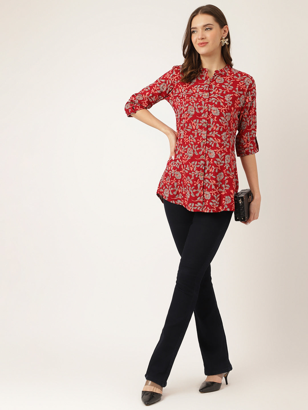 Women's Maroon Floral Print Rayon Regular Top - Taantav