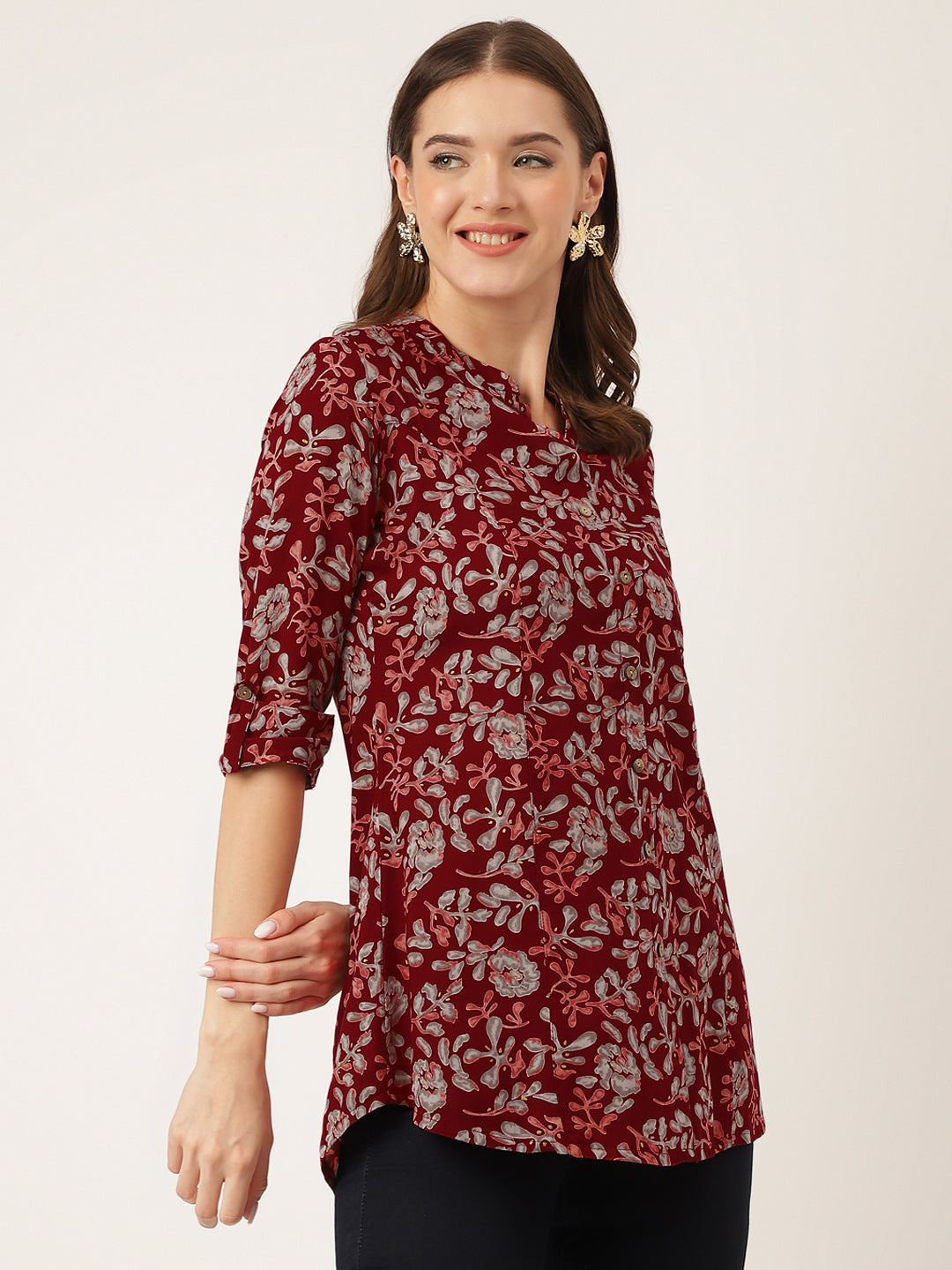 Women's Maroon Floral Print Rayon Regular Top - Taantav