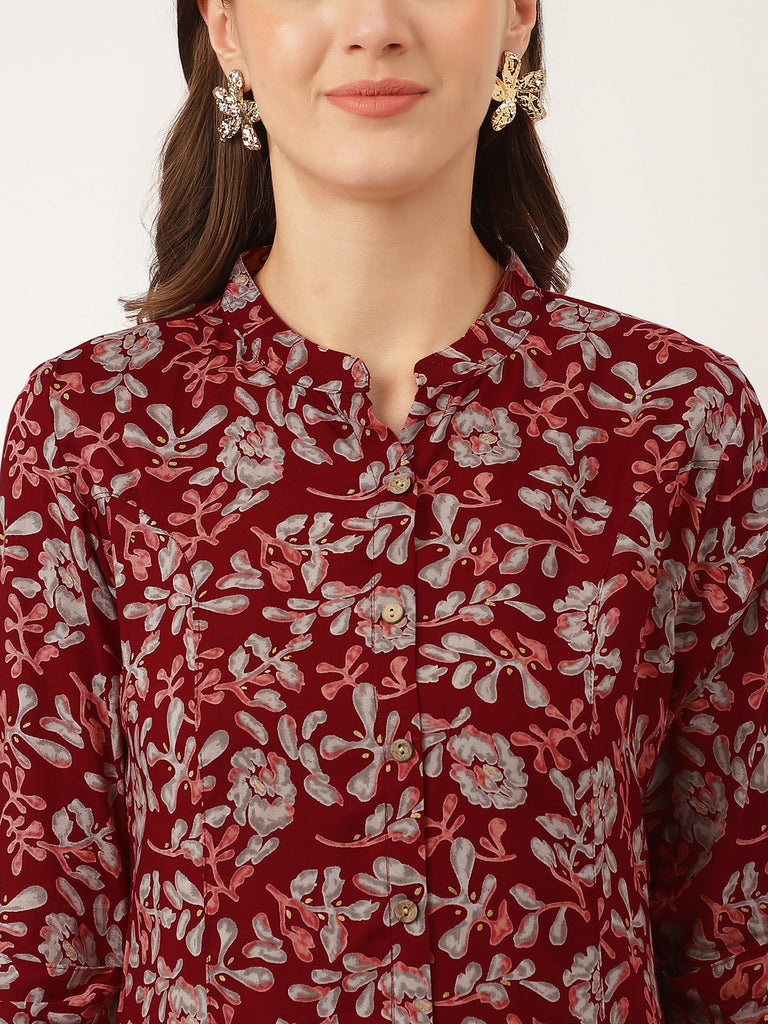 Women's Maroon Floral Print Rayon Regular Top