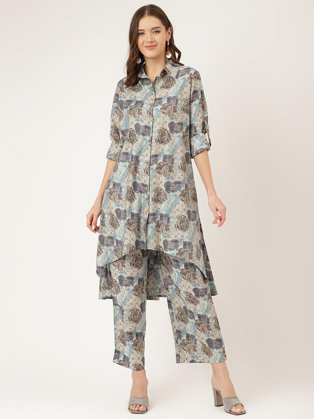 Women's Blue Foil Printed Chanderi Co-ord Set - Taantav