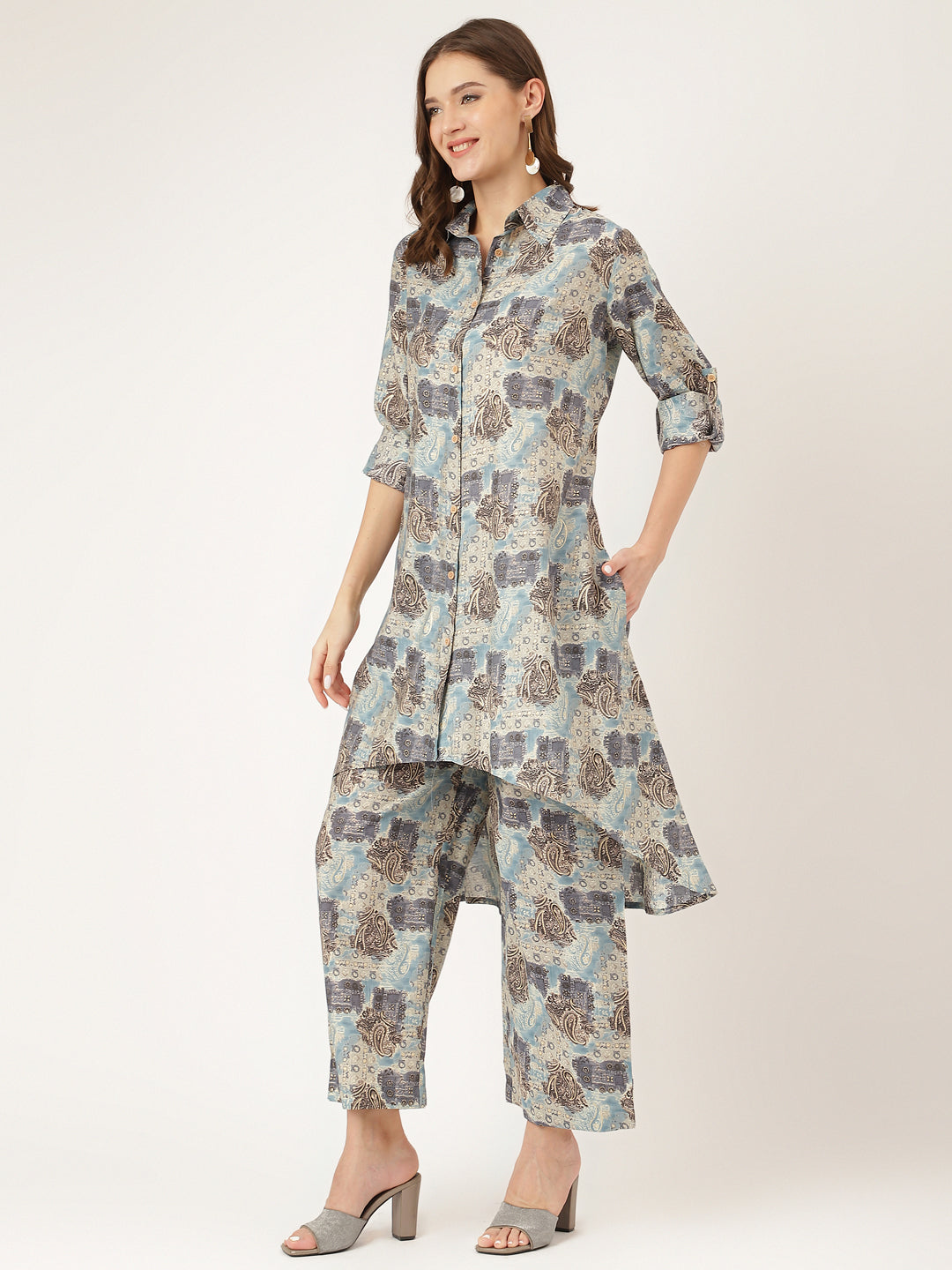 Women's Blue Foil Printed Chanderi Co-ord Set - Taantav