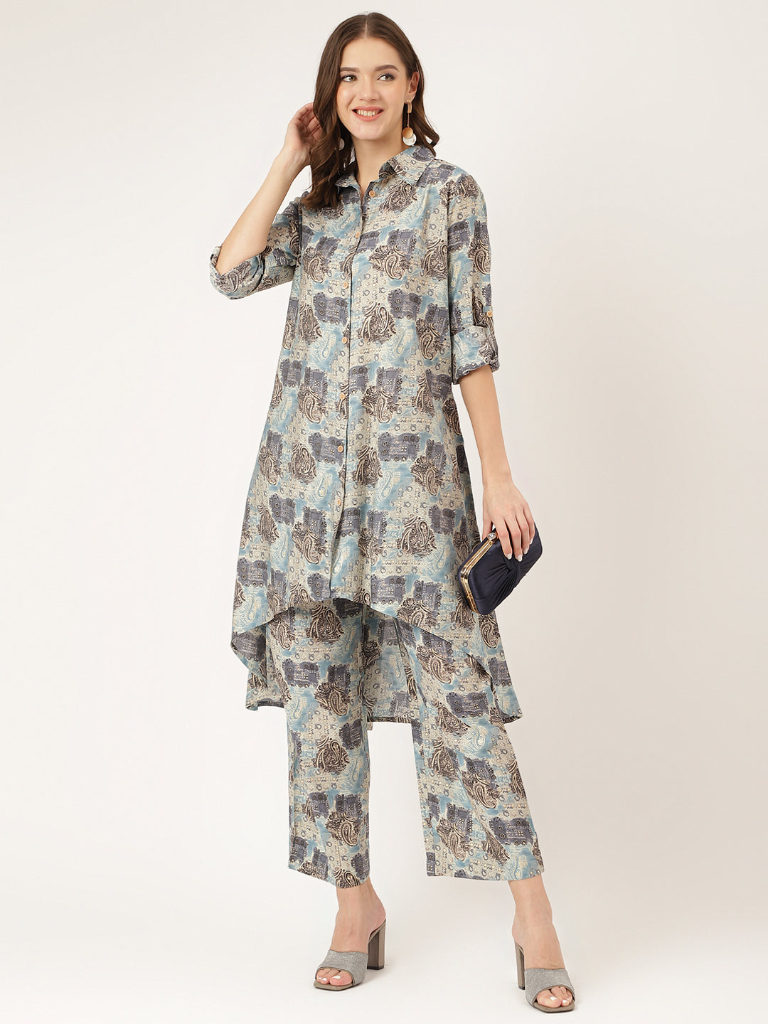 Women's Blue Foil Printed Chanderi Co-ord Set - Taantav