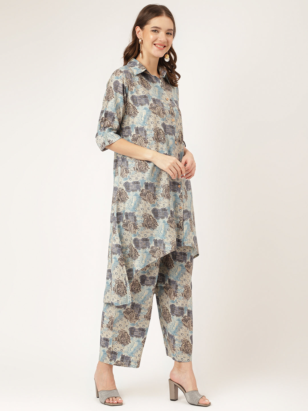 Women's Blue Foil Printed Chanderi Co-ord Set - Taantav