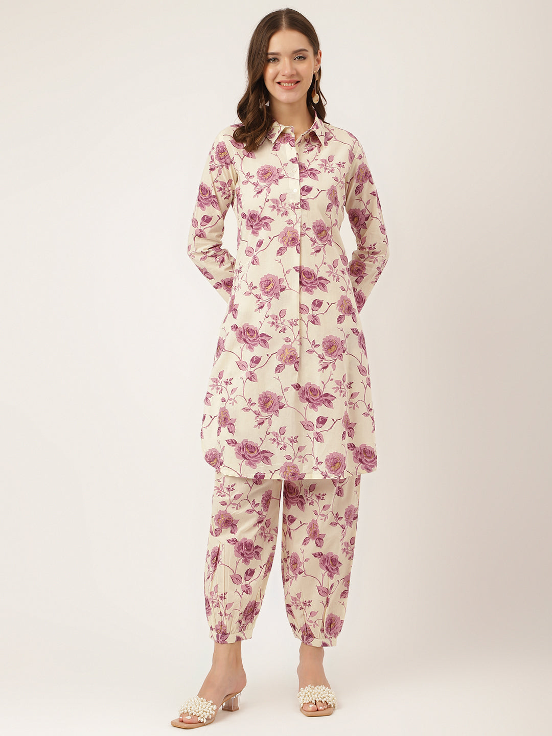 Women's Purple Floral Print Cotton Co-ord Set - Taantav