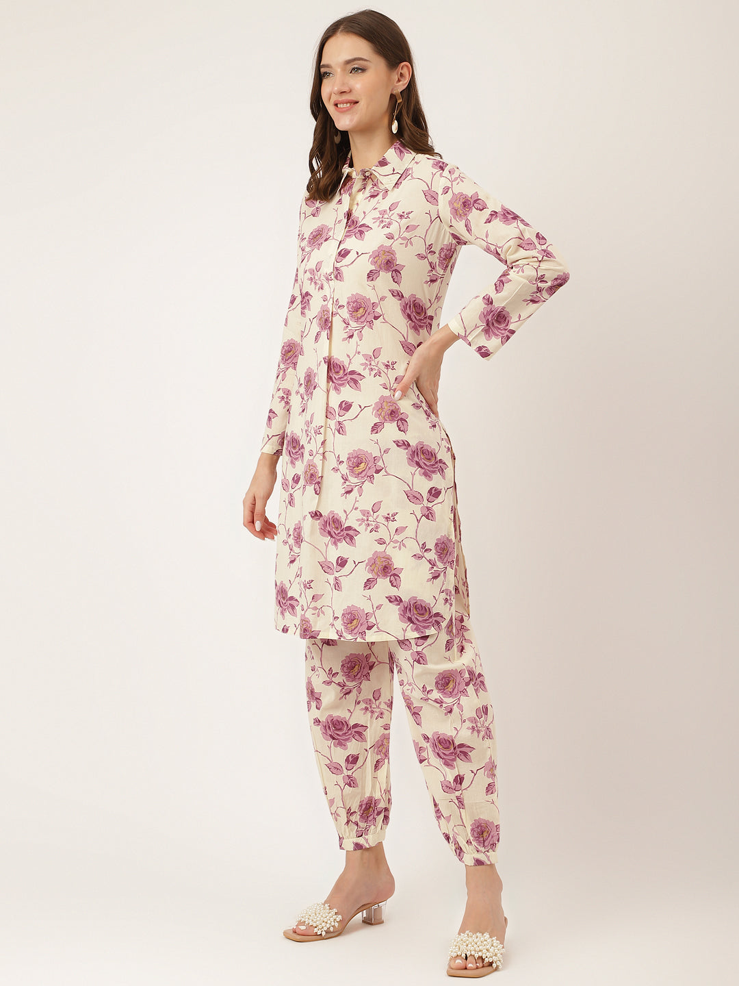 Women's Purple Floral Print Cotton Co-ord Set - Taantav