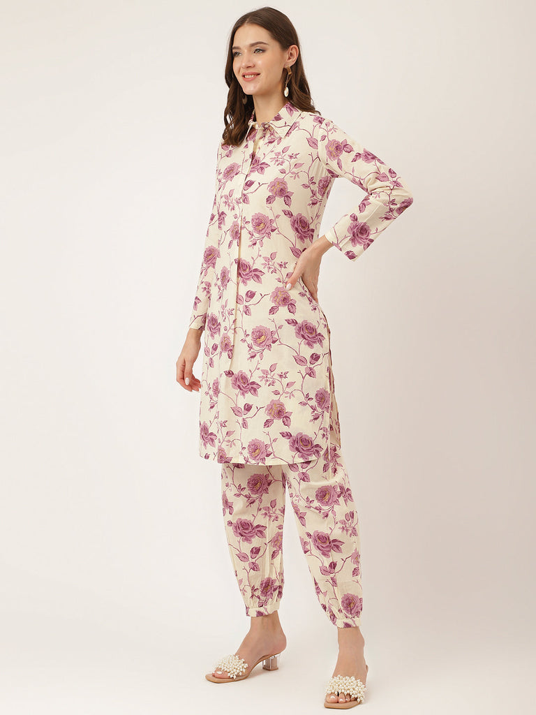 Women's Purple Floral Print Cotton Co-ord Set