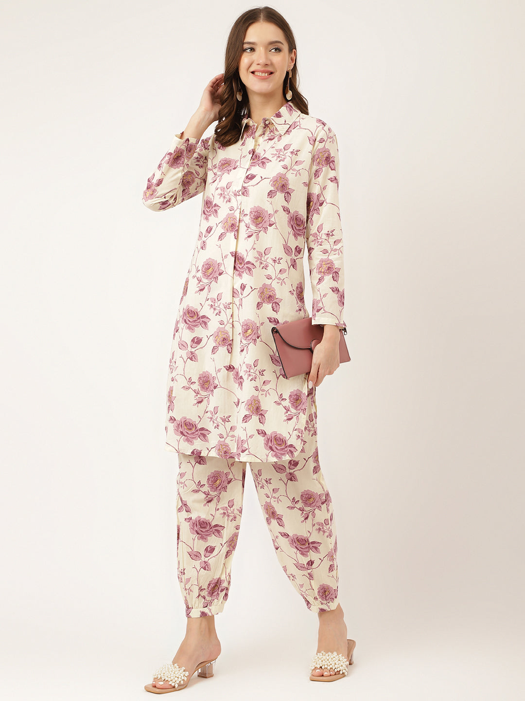 Women's Purple Floral Print Cotton Co-ord Set - Taantav