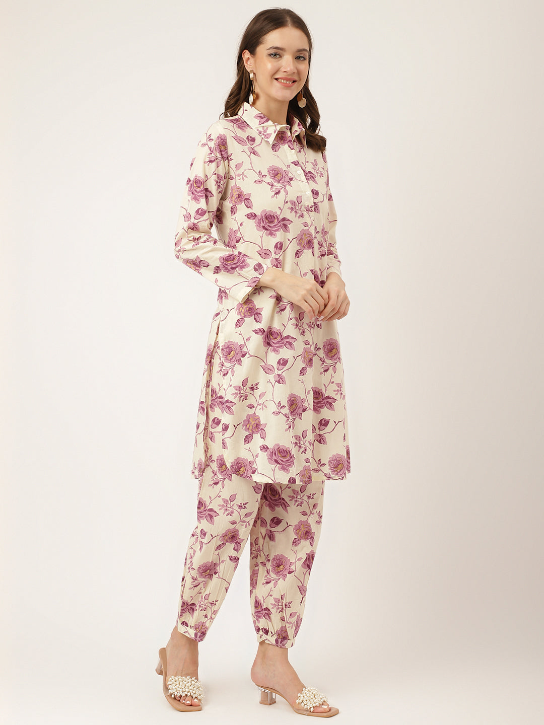 Women's Purple Floral Print Cotton Co-ord Set - Taantav